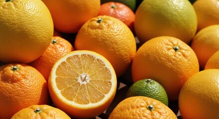 Close-up view of various citrus fruits, some halved, sunlight