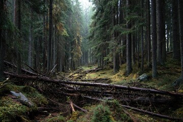 Obraz premium A captivating and moody long shot showcases a dense, ancient evergreen forest enveloped in a gentle mist. Towering conifer trees with dark, textured bark stretch vertically, creating a profound sense 