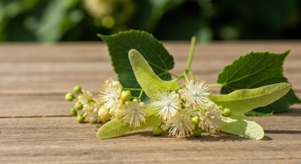Close-up of delicate flowers and leaves resting on weathered wood