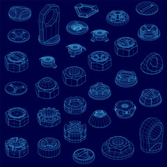 A grid of realistic 3D hardware fasteners, including nuts and screws, sits on a hard blue surface. The rendered objects are arranged in a precise geometric pattern. Isometric view © German Ovchinnikov