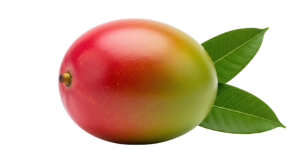 Ripe mango fruit PNG isolated on transparent background, vibrant colors and fresh leaves for healthy eating and tropical themes