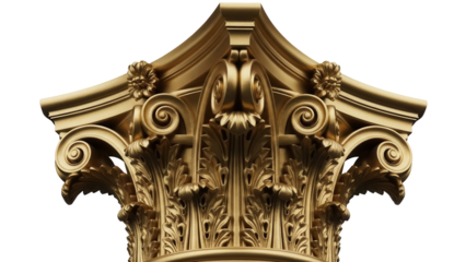 Ornate golden Corinthian capital isolated PNG, architectural detail on transparent background, classical design element for building and decoration