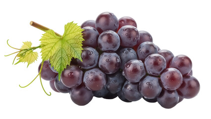 Fresh black grapes with water droplets isolated PNG, juicy fruit with green leaf on transparent...