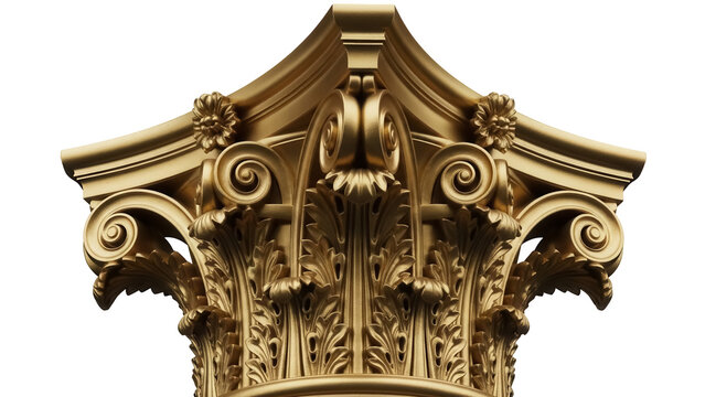 Ornate golden Corinthian capital isolated PNG, architectural detail on transparent background, classical design element for building and decoration