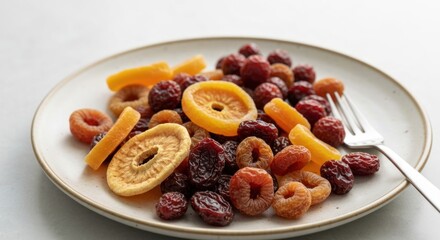 Assortment of dried fruits, vibrant colors, on a plate, with a fork