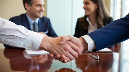 Business Professionals Shaking Hands Over Financial Charts &ndash; Successful Deal and Corporate Negotiation
