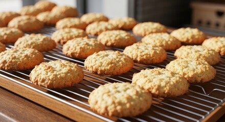 Freshly baked golden cookies cooling on a wire rack, sunlit close-up