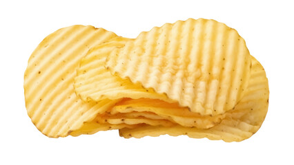 Pile of golden rippled potato chips isolated PNG, crispy snack food on transparent background, salty appetizer for party or picnic