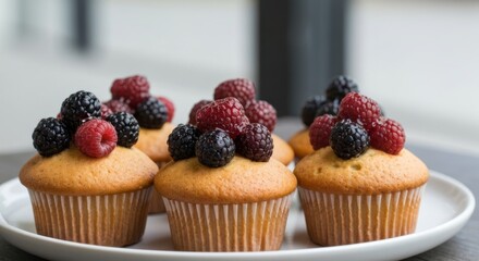 Five golden cupcakes topped with mixed berries on a white plate