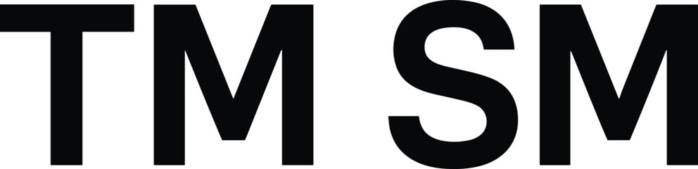 Minimalist vector illustration of bold TM SM typography sign, black border, white background, branding symbol, trademark, service mark, signage design, label art © MST