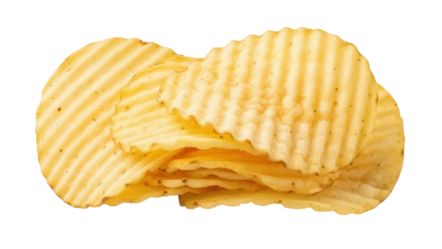 Pile of golden rippled potato chips isolated PNG, crispy snack food on transparent background, salty appetizer for party or picnic - Powered by Adobe