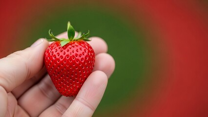 Obraz premium Fresh red strawberry held in hand with blurred green background 
