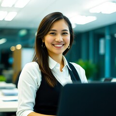 A bright and professional portrait of a smiling young businesswoman wearing corporate attire, sitting at a desk with a laptop in a modern, brightly lit office environment