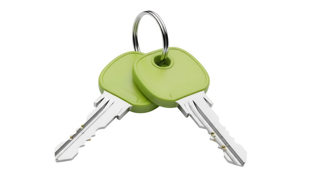 Two green keys with silver teeth isolated on transparent background PNG, security and access concept for design projects