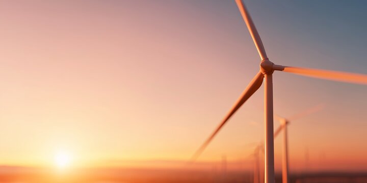 Wind turbine spins at sunset near a renewable energy farm in an open landscape - Powered by Adobe