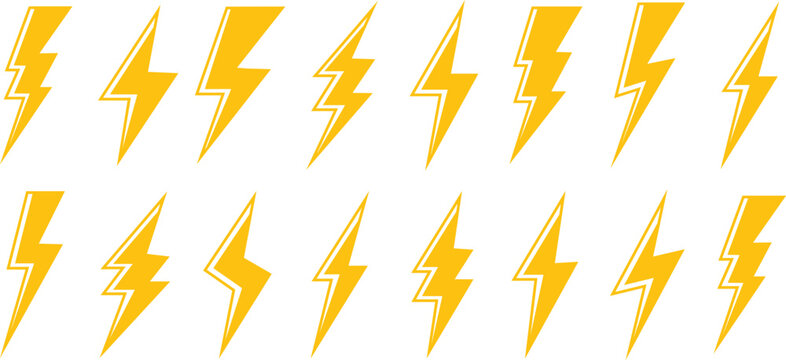Lightning bolt vector icon set, black lightning icon designs on white background, Symbols of energy, power, electric storm, flash charge, ideal for web, print, logo design