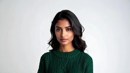 ミニマルな白背景で、インド人女性を超高解像度で撮影したポートレート映像です。
エメラルドグリーンのニットと落ち着いた表情が、上質で洗練された印象を演出します。