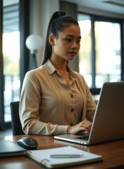 A focused Asian businesswoman is professionally working on a silver laptop at a wooden desk in a bright, modern office environment