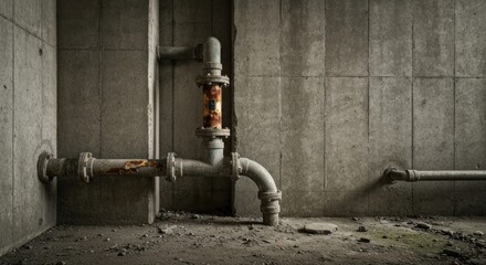 Rusty pipes against a concrete wall in an aged, decaying interior space