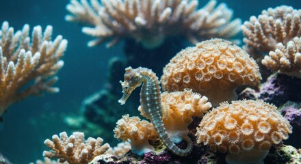 Seahorse swims among vibrant coral, underwater, in a marine ecosystem