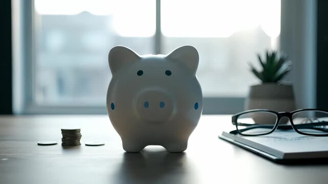 White piggy bank stands on office desk with coins. Piggy bank near notebook and glasses by window. Saving money with piggy bank in office. Coins stacked beside piggy bank on desk. Finance budget