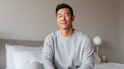 East Asian man with mid-size build, seated on edge of bed, wearing cozy attire, smiling gently, creating a warm and inviting atmosphere in a modern bedroom setting