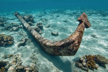 Underwater exploration of historic ship anchor coral reef marine environment clear water immersive experience