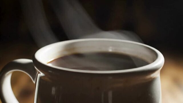 Close up of a steaming hot mug filled with dark coffee suggesting warmth and early morning beverage enjoyment