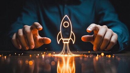 Glowing neon rocket hologram launching upward representing powerful startup growth, innovation boost and futuristic digital success