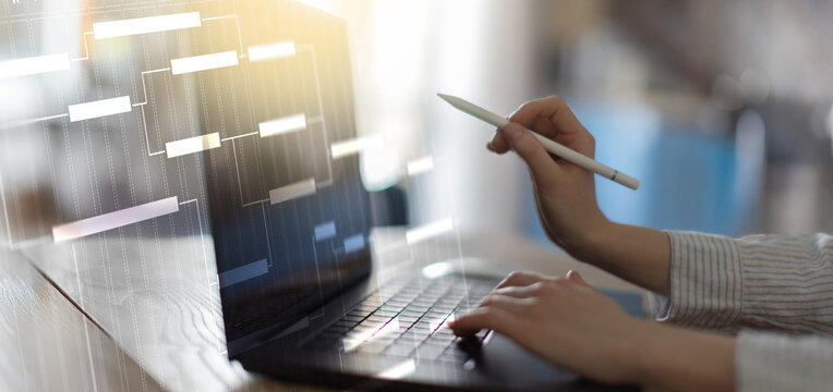 Project Management and Workflow Scheduling Illustrated on a Digital Gantt Chart Interface.