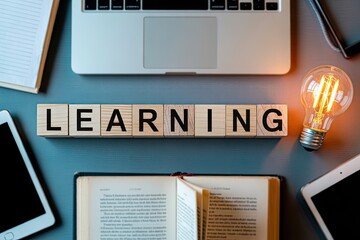 Creative learning concept with wooden letter blocks spelling LEARNING and glowing lightbulb symbolizing education ideas