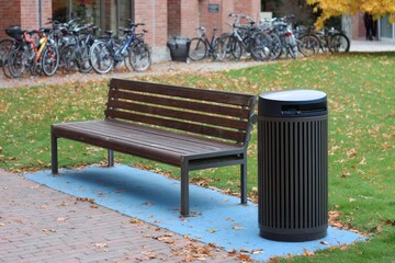 A peaceful autumn public space with a wooden slatted bench and modern waste bin. Golden and russet leaves scatter across green grass and a distinctive blue patch. Blurred bicycles in the background su