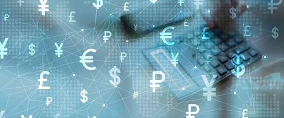 Global Currency Symbols Network Interface on Digital Tablet in Financial Technology Environment.