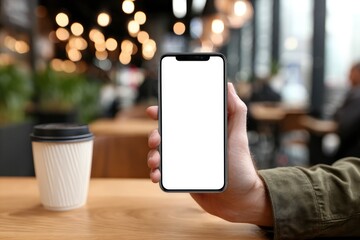 A person's hand holds a modern smartphone with a pristine white screen, perfectly suited for showcasing digital content, applications, or website mockups. Adjacent on the warm wooden table, a generic 
