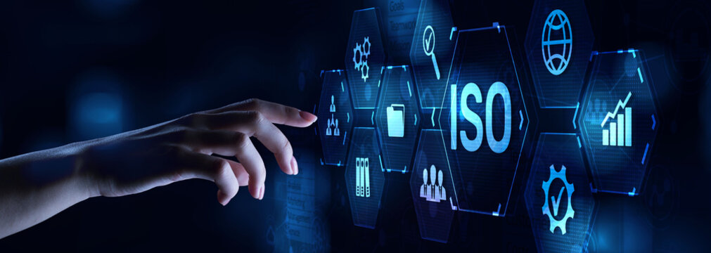 ISO Standard certification standardisation quality control concept on screen.