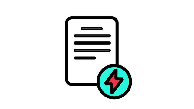 Animated document with a lightning bolt icon. Represents energy contract, power usage, electricity bill, or sustainable resource management.