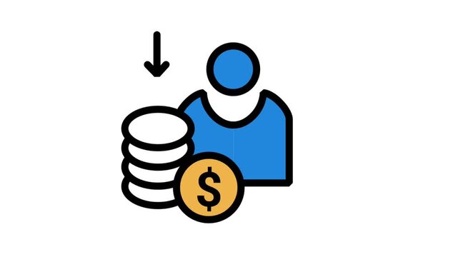 Animated user icon with descending arrow and coin stacks. Represents financial loss, decreasing profit, saving, or cost management motion.