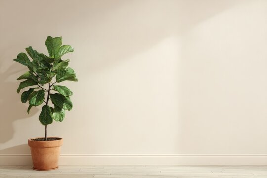 Potted fiddle leaf fig plant near minimalistic wall in sunlight  