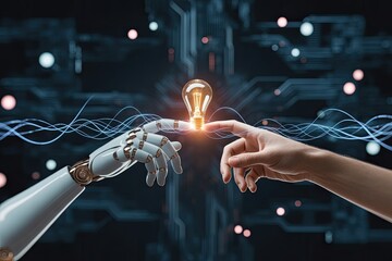 Human and robot hand connecting with glowing lightbulb symbolizing AI creativity and future technology