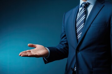 Businessman presenting open hand gesture on blue background for corporate offer and support