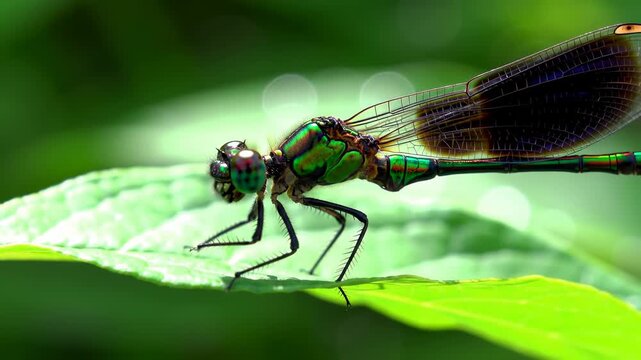 A close-up of a vibrant dragonfly on a green leaf
