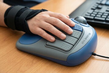 A hand rests on a specialized adaptive mouse device designed for accessibility, aiding individuals with limited mobility. The workspace features a computer keyboard and wooden desk