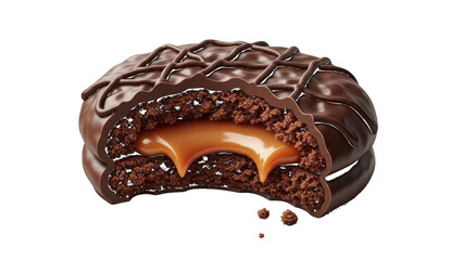 Chocolate cookie with gooey caramel filling and chocolate drizzle isolated on a transparent background