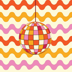 Retro disco ball on vintage groovy waves background in orange, mustard yellow, red and pink. For retro backgrounds, retro party invitations  and posters
