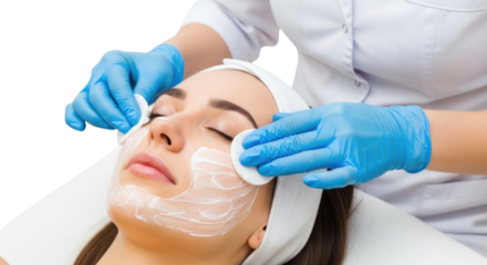 Close up of a woman s face receiving a facial treatment with a skincare professional applying product with cotton pads isolated on transparent background