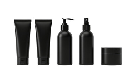 A collection of sleek black cosmetic tubes bottles and jar for skincare products isolated on transparent background
