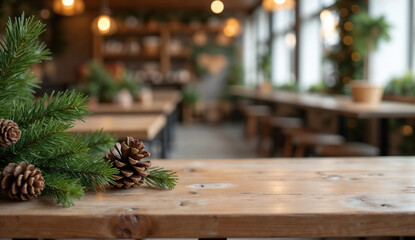 Empty wooden table with christmas decorations in cafe background.