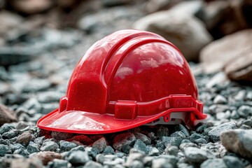 A vibrant red safety helmet rests on a bed of textured gravel and small rocks, signifying crucial protection and diligent work in industrial or construction settings. The sharp focus on the robust hea