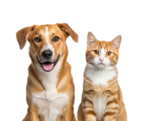 A happy golden brown dog and a ginger tabby cat sitting side by side isolated on transparent background