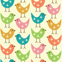 Mid century colorful birds with atomic stars seamless pattern in mustard yellow, teal, pink and coral on cream background. For wallpaper, fabric, textile and home d&eacute;cor